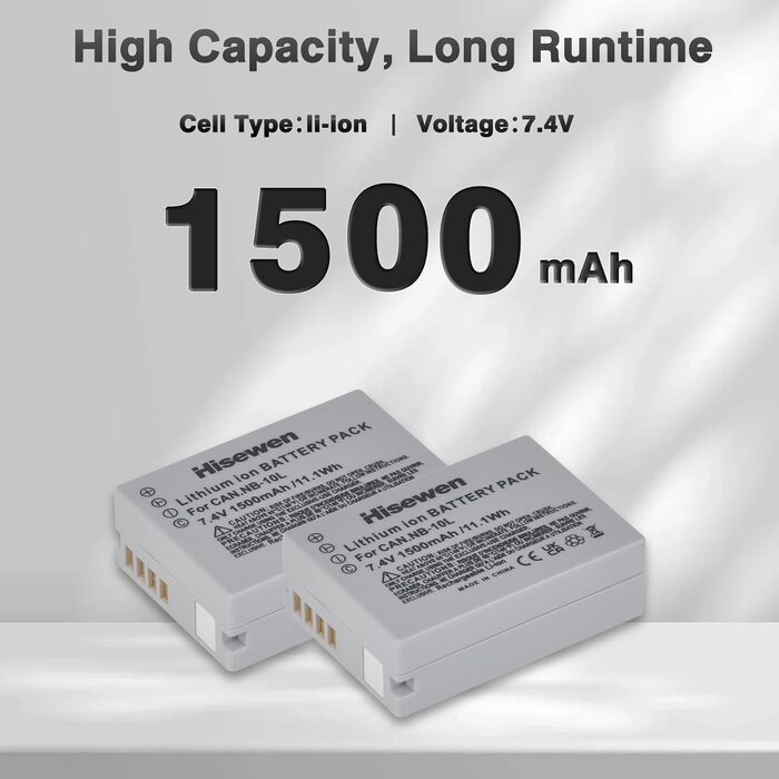Акумулятор Hisewen NB-10L 1500mAh та зарядний пристрій для Canon PowerShot G1 X, G3 X, G15, G16, SX40 HS, SX50 HS, SX60 HS