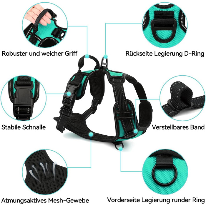 Нашийник для собак Joytale середнього розміру, світловідбиваючий, дихаючий, регульований з ручкою для тренувань, M (XL, 1 шт), блакитний