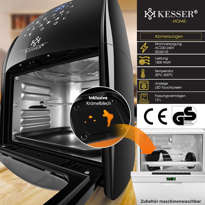 Фритюрниця KESSER® XXL Airfryer 9в1 з грилем, дегідратором та аксесуарами | 1800 Вт, чорний