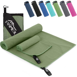Набір рушників Pameil з мікрофібри (2 шт.): великий (160x80 см) та маленький (80x40 см), компактні та швидковисихаючі, для спорту, подорожей, пляжу (армійний зелений)