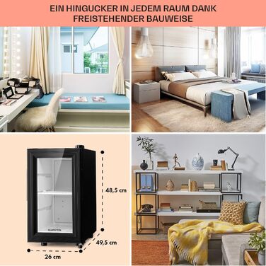 Klarstein Mini Fridge with Glass Door - Beverage, Snack & Cosmetic Cooler, Compact & Quiet, Adjustable Shelves, Skincare Fridge 12-18°C, 42L, Black and White