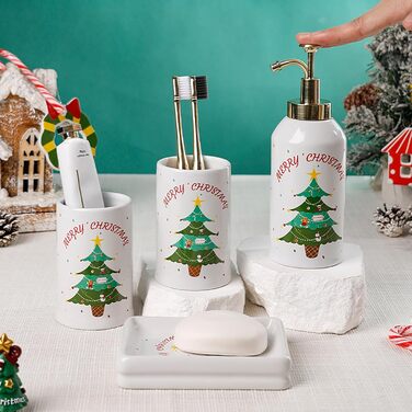 4-Piece Ceramic Bathroom Set, Artistic Line Face Bathroom Accessories Set with Soap Dispenser, Toothbrush Holder, Cup, Soap Dish, Abstract Bathroom Set for Decor, Cream (Christmas Tree)