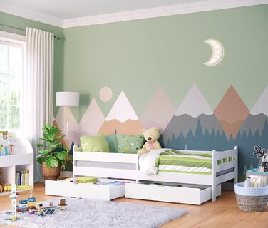 Bellabino Kinderbett Kuru 90x200 with 2 Drawers, Single Bed for Children incl. Fall Protection and Slatted Frame, White Children's Bed, Bed for Boys and Girls with Drawers White