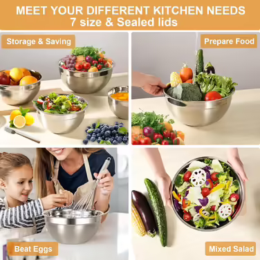 Stainless Steel Bowl Set, 7-Piece, Stainless Steel Mixing Bowls, Salad Bowls, Kitchen Bowls with Lids, Multifunctional Bowls, Nesting