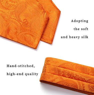HISDERN Шовковий краватко-шарф чоловічий Paisley, краватка-аскот, нагрудна хустка та кишеньковий хустинка, набір для весілля/бізнесу (Помаранчевий)