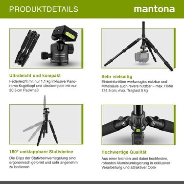 Штатив Mantona Light Traveller 131,5 см чорний: легкий фотоштатив з кульковою головкою та Arca-Swiss, до 5 кг, алюміній