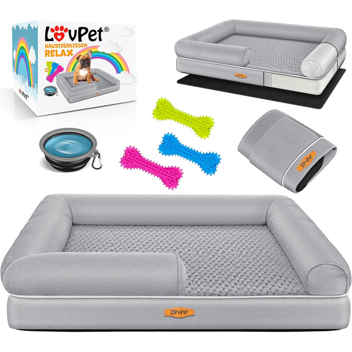 Orthopedic Dog Bed, Dog Cushion, Dog Basket Relax, Incl. Bowl + 3x Chew Bones, Dog Sofa for Small, Medium & Large Dogs, Removable and Washable Cover, 91x71x22cm (L (106 x 80 x 25 cm), Grey)