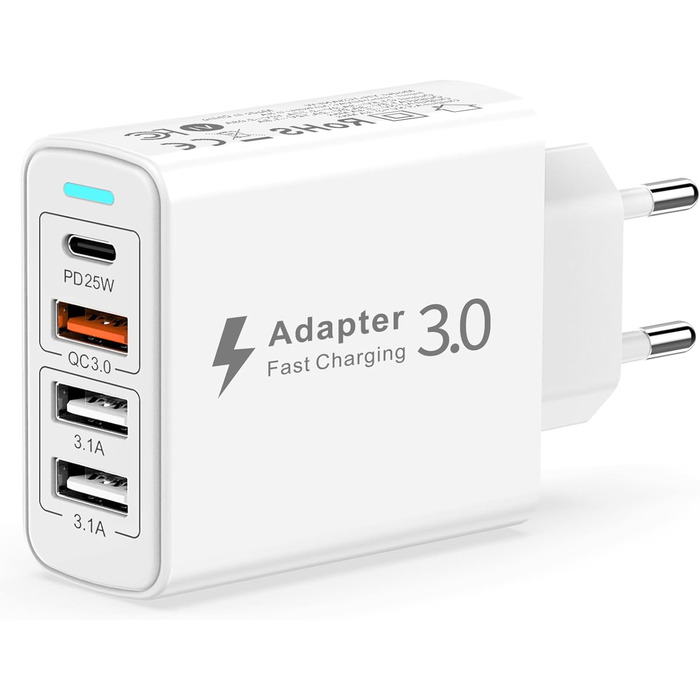Мережевий зарядний пристрій USB-C 40W з 4 портами PD та QC3.0, для iPhone 15/14/13/12/11, Samsung S24/S23/S22