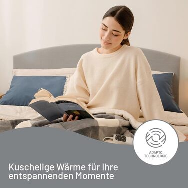 Електрична ковдра Imetec Adapto Tartan Festival, 160x120 см, тепла та затишна, 6 температур, миттєвий нагрів, безпечна, з технологією Adapto, сірий візерунок в клітинку