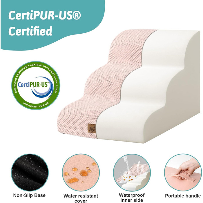 Сходинки для собак маленьких порід, сходи для домашніх тварин до дивану з високощільним губчастим наповнювачем, сходи для собак, пандус для собак з пральним чохлом та антиковзким дном (3), Рожевий, 3 сходинки (40x57x40 см)