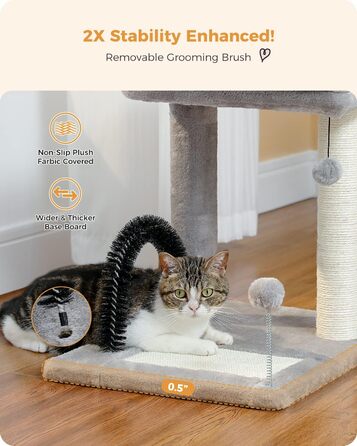 PETEPELA Small Scratching Post 51cm with Sisal Scratching Column, Scratching Board, Scratching Pad, Play Ball, Plush Cave for Kittens, Grey