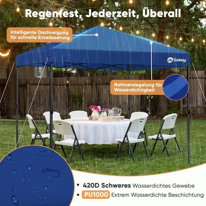 Sekey One-Touch Pop Up Pavilion 3x3 Waterproof Stable Winter-Proof, Folding Pavilion 3x3m with Thickened Tubes, Party Tent Pavilion Foldable for Camping Festival Party, (Navy, without sidewalls)