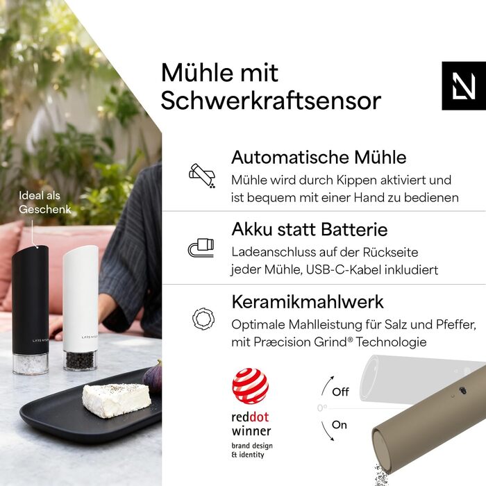 Електричні млини для солі та перцю LARS NYSØM Gravity Grinder - Набір з двох млинів, USB-C, регульований помел, для кухні