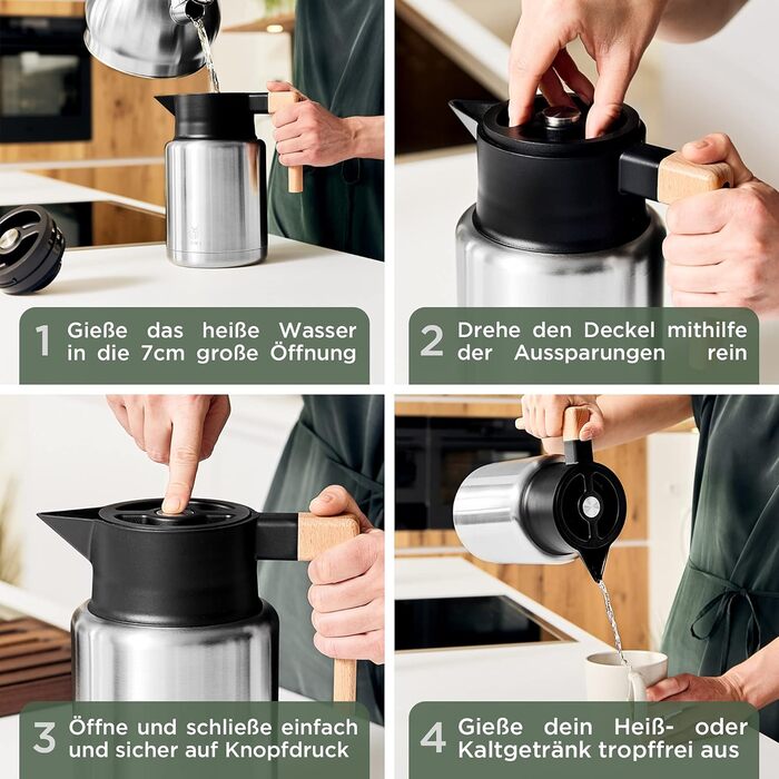WALDWERK Thermos Flask (1.4L) - Coffee Pot made of double-walled 304 stainless steel with an elegant wooden handle - Insulated carafe with a drip-free spout - Coffee Pot Thermo