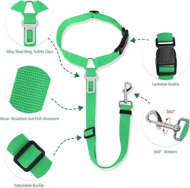 Автомобільний ремінь безпеки для собак, кріплення для тварин у авто, на голову, міцний поводок, шлейка для собак, котів та інших домашніх тварин (зелений)
