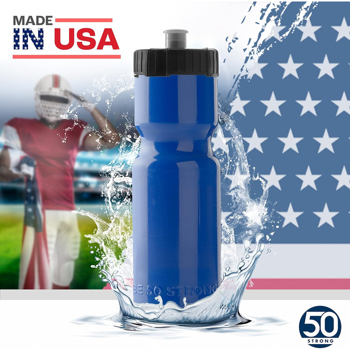 50 Strong Sport Squeeze Water Bottles - Set of 6 - Team Pack 22 oz BPA Free Bottle Easy Open Push/Pull Cap - Multiple Colors Available (Blue / Black)