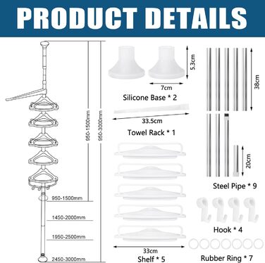 Телескопічна поличка для душу, регульована висота 100-310 см, 5 полиць з 4 гачками та тримачем для рушників, кутова поличка для ванної кімнати без свердління