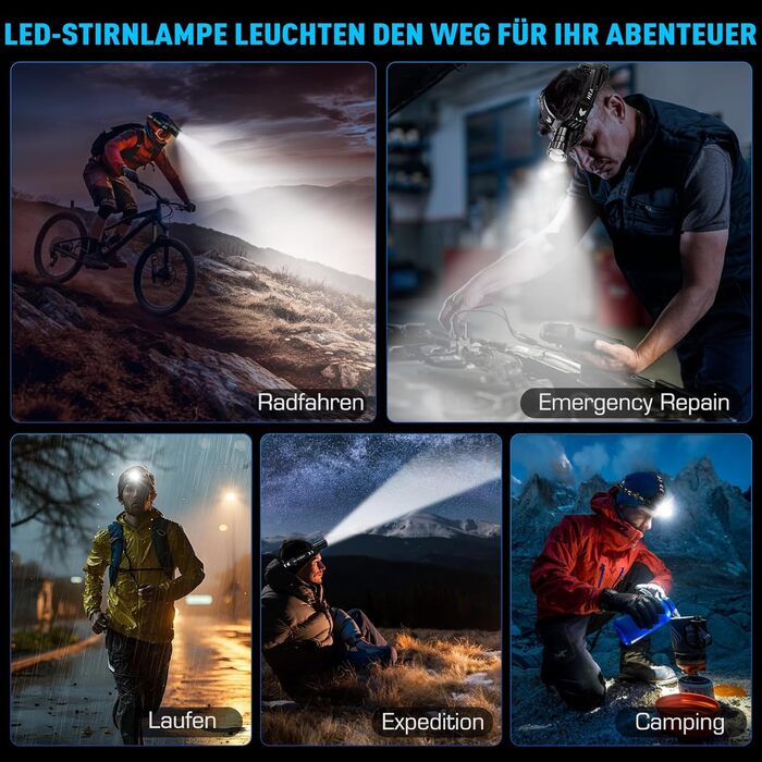 Rechargeable LED Headlamp, Super Bright 120000 Lumens Headlamp with 5 Light Modes & IPX7 Waterproof & 9000mAh BATTERY & Zoomable, 120° Adjustable Headlamp for Camping, Fishing, Outdoor