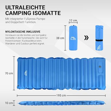 MSPORTS Кемпінговий килимок Isomatte Premium, ультралегкий, вологостійкий для кемпінгу, піших прогулянок, подорожей з рюкзаком, пляжу. З насосом для накачування. (Королівський синій)