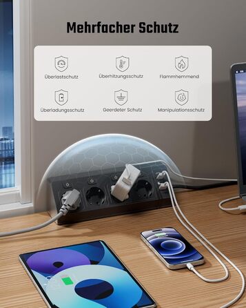 Розетка кутова ONLYWIN з 2 USB та 2 Type-C, 16A/3840W, настінний монтаж, 2м кабель, для офісу, кухні та вітальні, білий (чорний)