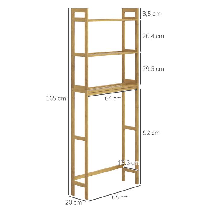 kleankin 3-Tier Toilet Bowl Shelf Bathroom Storage Rack with Tip-Over Protection Bamboo, Natural, Space-Saving Storage Shelf for Bathroom