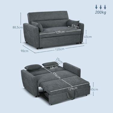 HOMCOM Sleeper Sofa, 2-Seater, Convertible, Up to 200 kg, Wooden Frame, 155x90x88.5cm, Dark Grey
