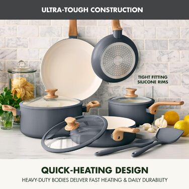 Набір посуду GreenPan Rio Essence Wood 10 предметів: керамічне антипригарне покриття, індукція, силіконові кришки, дерев'яні ручки, сірий