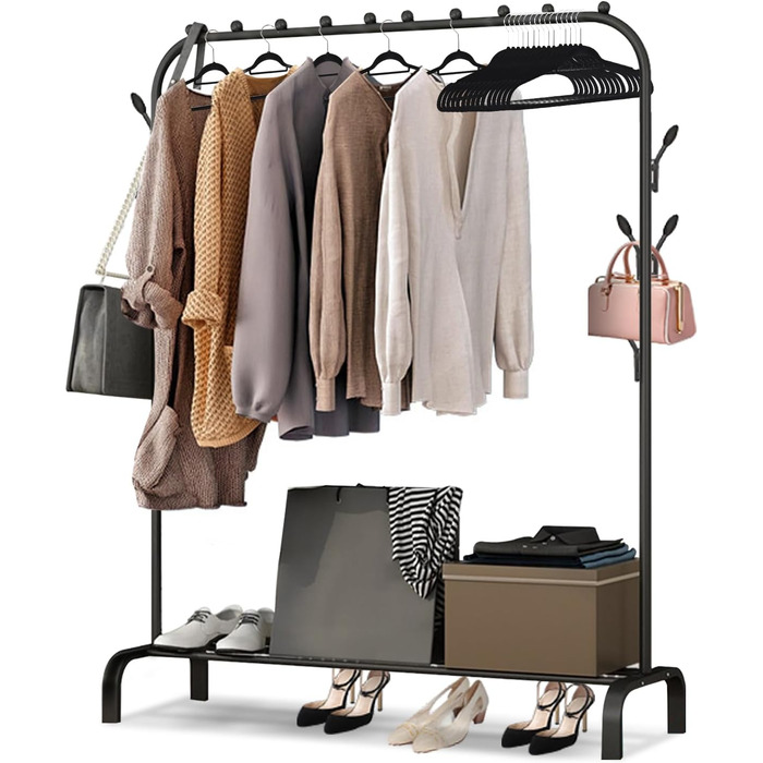 Стійка для одягу на підлозі, чорна, з полицею для взуття та нижньою полицею, металева, для спальні