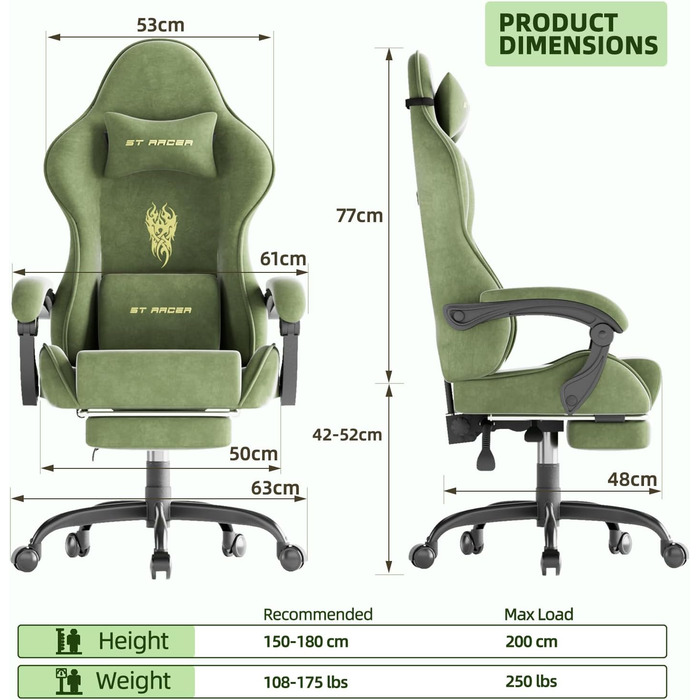 Геймерське крісло Ferghana Ergonomisch LW210: зручне крісло для комп'ютера з підголівником, подушкою для попереку, підлокітниками та підставкою для ніг (Зелений)