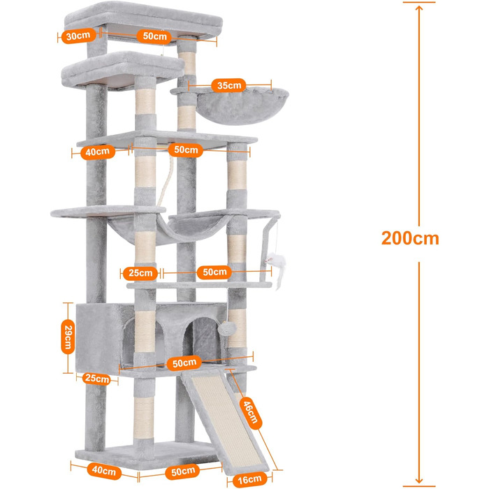 Багатоповерховий котячий будиночок Heybly Kratzbaum HCT033G сірий (200 см), з 11 стовпчиками для шліфування, платформами, гамаком, печерою та іграшками