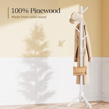 Freestanding Coat Rack with 3 Adjustable Heights & 8 Hooks, Sturdy Wooden Clothes Rack for Clothing, Hat, Used in Bedroom/Office/Entryway, White