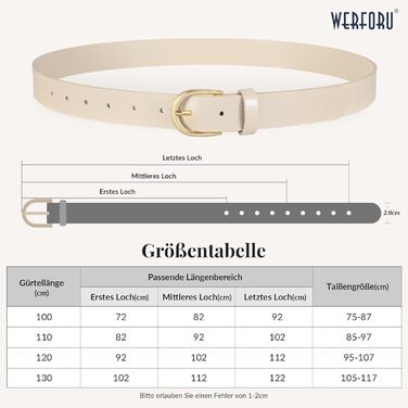 Жіночий шкіряний ремінь WERFORU для джинсів, спідниць та суконь з золотою пряжкою (бежевий, довжина 120 см, під талію 95-107 см)