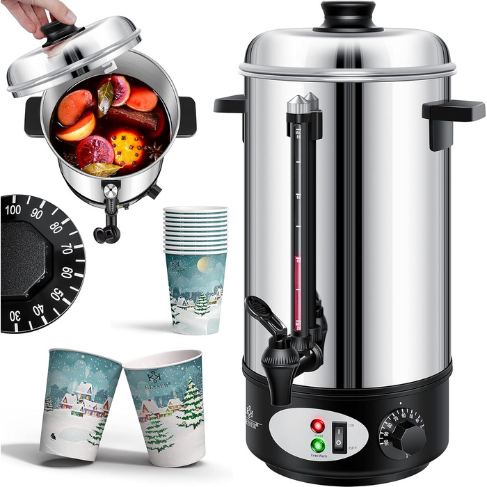 KESSER® Mulled Wine Boiler 8L Stainless Steel Incl. 10 Cups Mulled Wine Cooker with Thermostat Mulled Wine Dispenser Hot Beverage Dispenser Water Boiler Hot Water Dispenser Canning Device Level Indicator Tap Silver