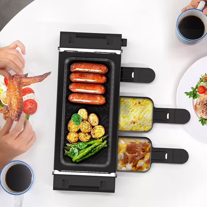 Raclette Grill for 2 People, Mini Raclette with 3 Pans, 3 Raclette Wooden Spatulas, Table Grill, Electric Korean BBQ Grill, Electric Grill with Non-Stick Coated Grill Plate, 700 Watts, Black