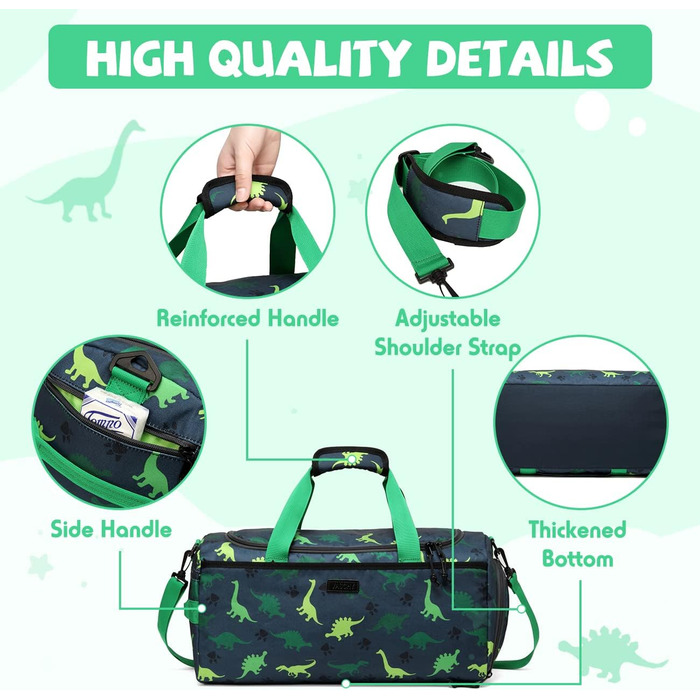 VASCHY Kids Duffel Bag - Overnight Travel Bag for Toddlers, Boys, Water-Resistant Ballet Dance Sports Carry-On Weekender Bag with Shoe Compartment Dry Wet Pocket Green Dinosaur