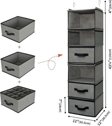 Органайзер для шафи GRANNY SAYS, підвісний, з шухлядами, 1 шт. - підвісне зберігання, полиця для шафи, тканинний органайзер для спальні (сірий, роздільник)