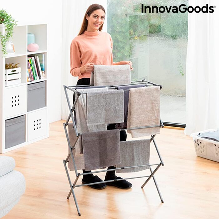 InnovaGoods - Folding and Extendable Metal Clothes Rack, 3 Height Levels, 11 Rods, Waterproof, Lightweight, Tool-Free Assembly, Iron, Silver, Size A