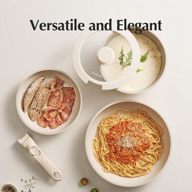 Набір посуду Redchef 16 предметів: каструлі та сковорідки з керамічним антипригарним покриттям, без PFAS, PFOA та PTFE. Підходить для кемпінгу, приготування їжі в духовці, бежевий колір.