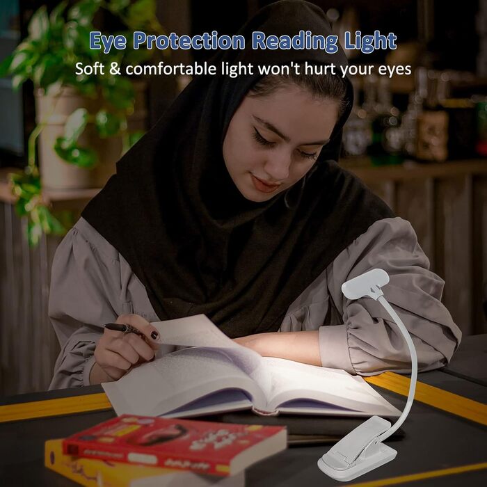 LED лампа для читання з кліпсою, USB, 9 світлодіодів, 3 режими температури кольору (теплий/холодний/природний), регульована яскравість, 1.8W, для читання в ліжку, комп'ютер