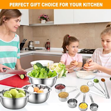 Mixing Bowl 3-Piece Set, Measuring Cup and Measuring Spoon 12-Piece Set, 5 Cup Pitcher & 7 Measuring Spoons, Nesting Cups, Stainless Steel Teaspoons and Tablespoons 18/8 for Baking and Cooking (Silver)