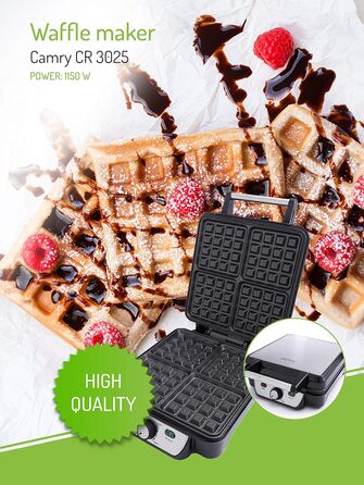 Adler Camry 4-Waffle Maker - 1500W Power, Adjustable Temperature, Black & Silver