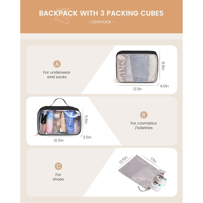 LOVEVOOK Рюкзак для ручної поклажі 40л, чорний, для подорожей, з відділенням для мокрого та сухого, для ноутбука, 45x36x20 см