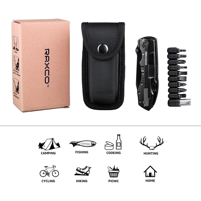 Мультитул RAXCO 18-в-1: компактний інструмент для виживання на природі (затискач, ніж, відкривачка, викрутка) для полювання та риболовлі, чорний