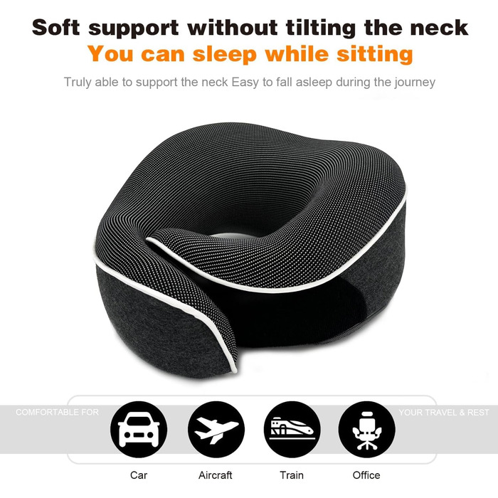 Подушка для шиї, туристична, з піною з пам'яті, для авто, поїздів та літаків, комплект з маскою для очей та берушами (темно-сіра)