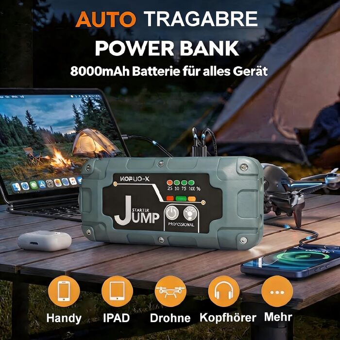 Бустер для автомобіля 7000А Jump Starter Powerbank 12V для бензинових (8л) та дизельних (6.5л) двигунів, пусковий пристрій з LED-ліхтарем та набором аксесуарів, зелений