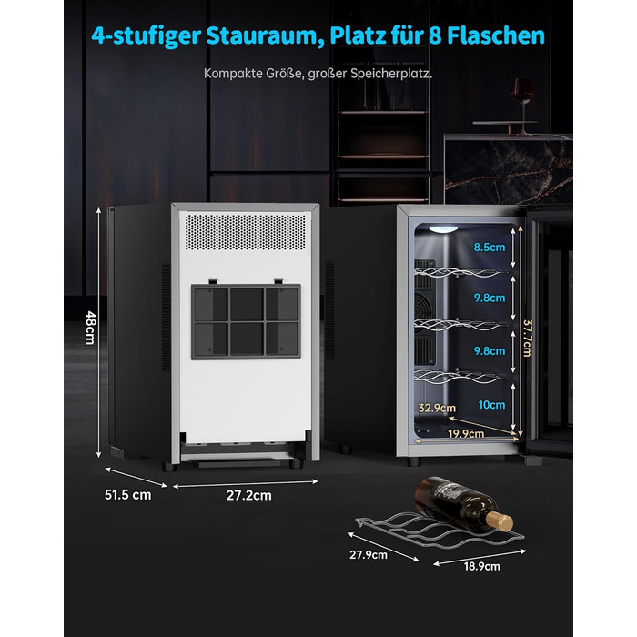 WIE 33 Liter Wine Fridge - 1 Zone Wine Cooler with Glass Door & LED Touch Panel - Mini Wine Refrigerator for 8 Bottles