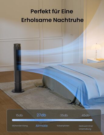 Турбовентилятор AIRMATE: 12 швидкостей, пульт ДУ, 10 м/с, 110 см, 3 режими, таймер 12 год, LED дисплей, 40W, сірий