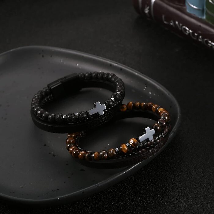 Чоловічий браслет Dochais: нержавіюча сталь, шкіряний ремінець, хрест Ісуса Христа, плетіння з натурального каменю, магнітна застібка, чорний, 21 см