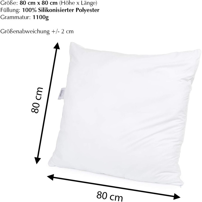 H&F Heimtextilien Top Quality Pillow 80x80 2-Pack | Allergy-Friendly Pillow with Oeko-TEX Certified | Cover: 100% Microfiber | Filling: 1100 Grams Polyester 2 80 x 80 cm