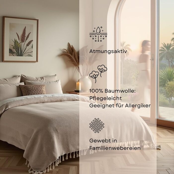 Покривало BOHORIA Tulum преміум, 100% бавовна, 170x230 см, велике покривало для ліжка, дивану чи софи з ялинковим візерунком, сепія